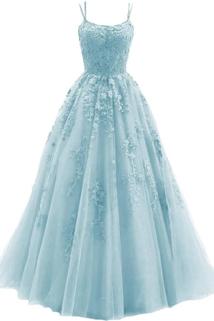 A line Blue Tulle Long Prom Dress Lace Evening Dress - Wisebridal.com