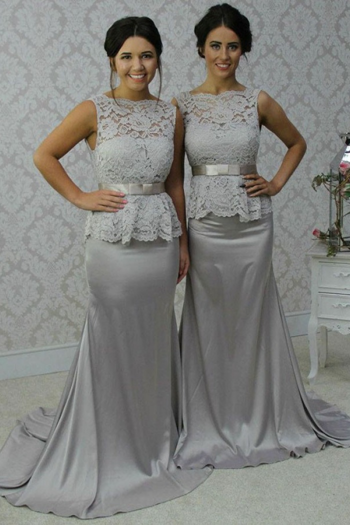 Elegant Scalloped Edge Sweep Train Sheath Silver Bridesmaid Dress