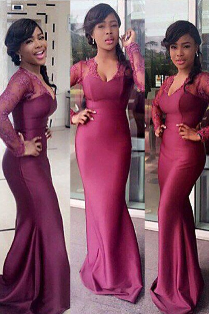 High Quality V-neck Long Sleeves Sweep Train Mermaid Bridesmaid Dress with  Lace Top - Wisebridal.com