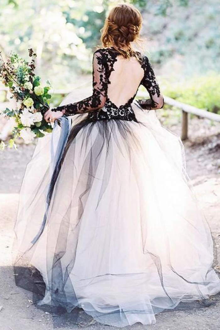 Princess Long Sleeves Black Appliques Tulle Wedding Dresses ...