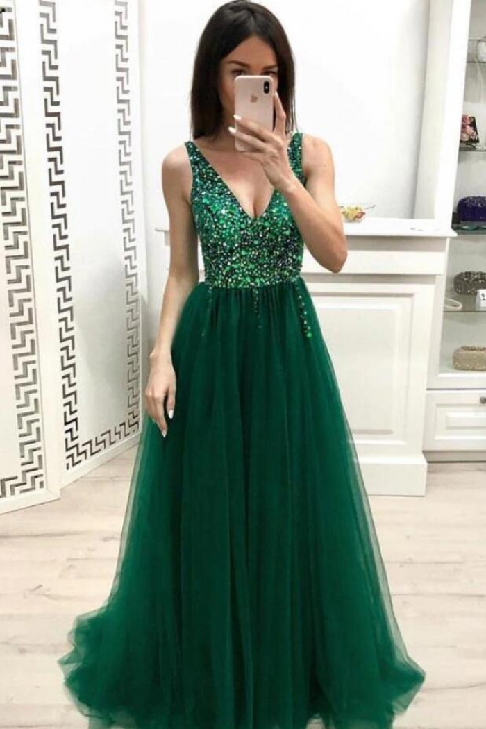 Sequined A Line V Neck Tulle Open Back Prom Dresses with Slit LBQ4319