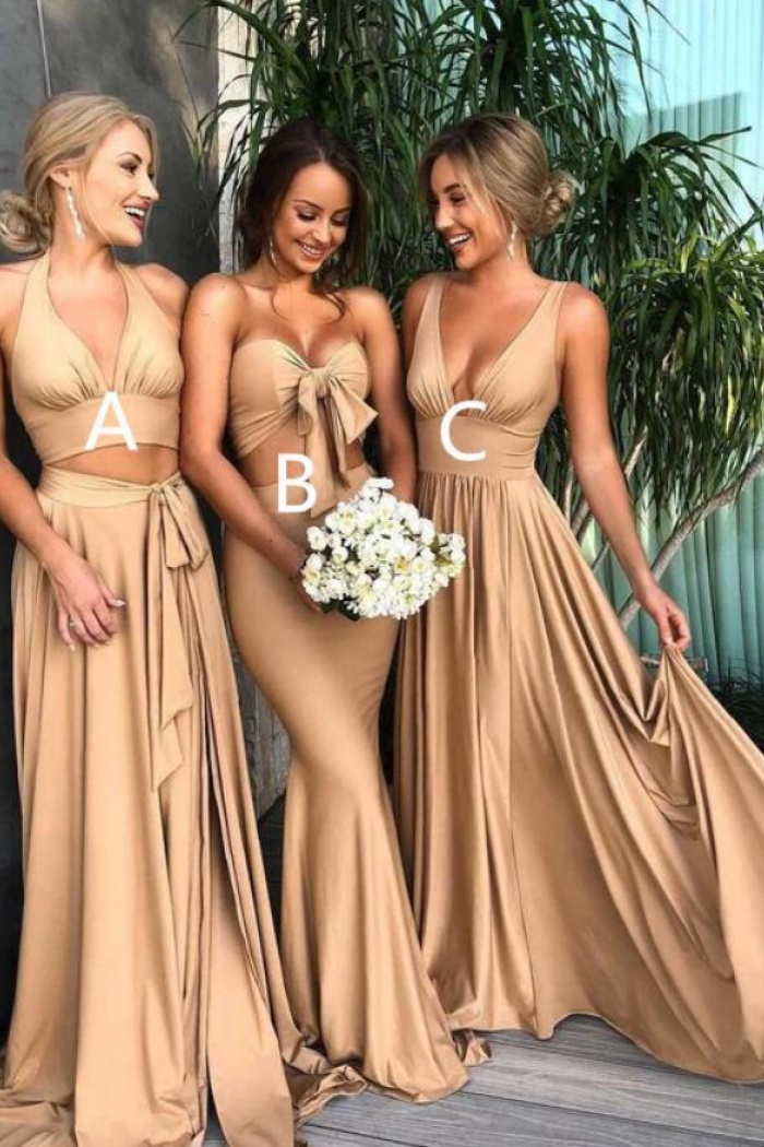 Simple Chiffon Bridesmaid Dress with Square Neck Gold