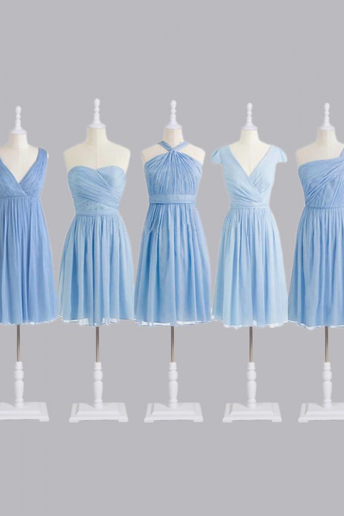 short blue bridesmaid dresses