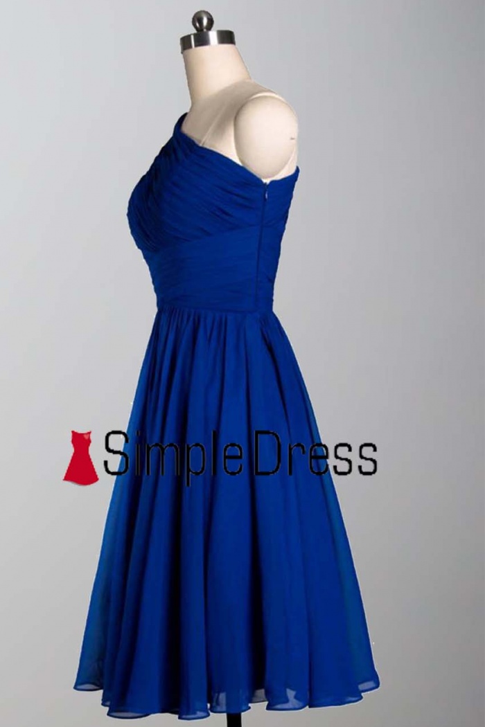 Simple Royal Blue One Shoulder Knee Length A Line Chiffon Bridesmaid Dress  CHBD-80054 - Wisebridal.com