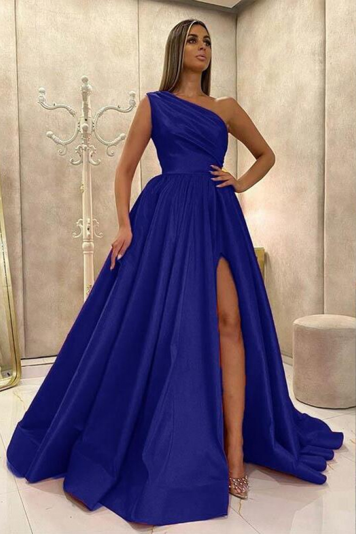 Elegant One Shoulder A Line Prom Dress with Slit - Wisebridal.com