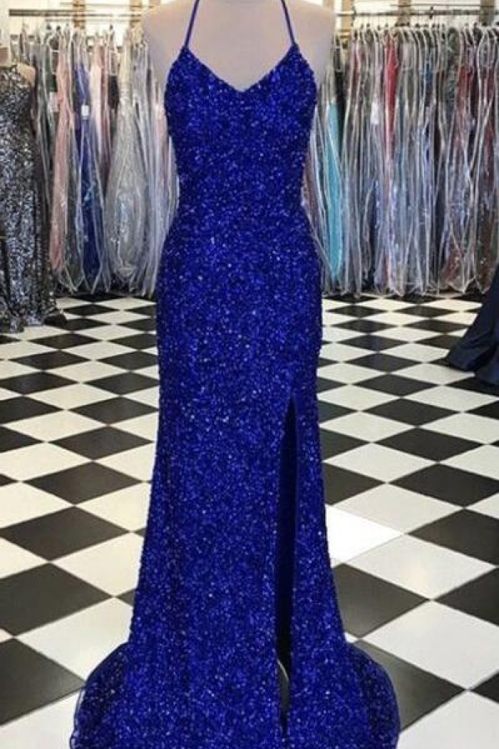 knee length dresses for ladies Mermaid Strapless Sequins Long Prom Dress with Slit main image 1
