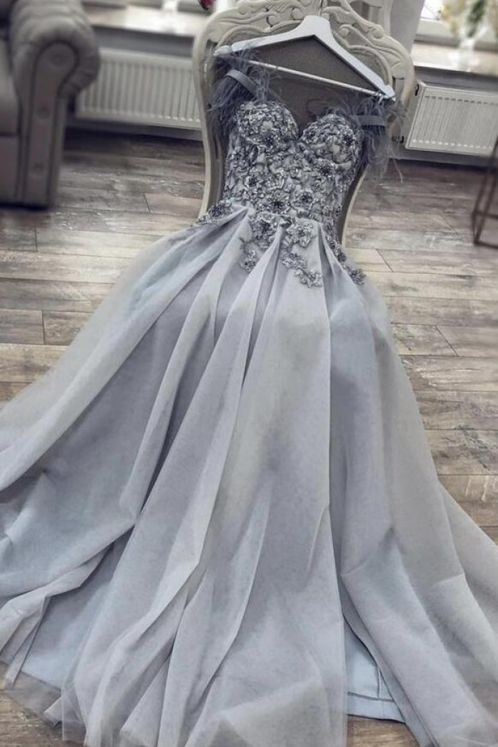 1310683 Grey Embroidered Lace Tulle Dress