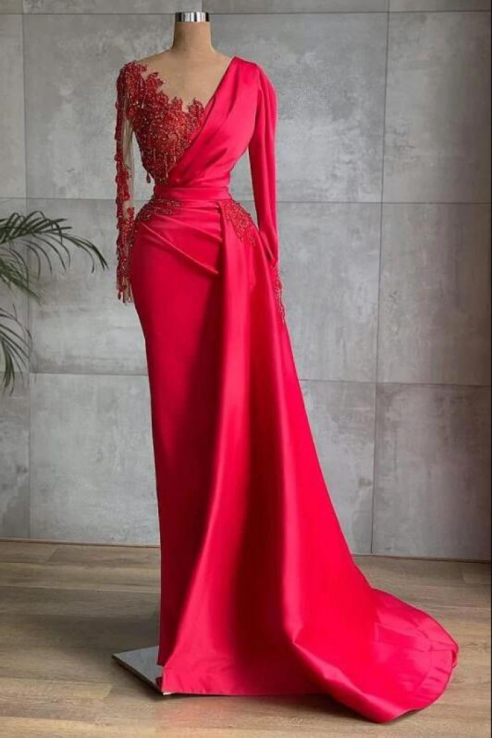 Beautiful Long Red Jewel Floor Length Satin Lace Mermaid Prom Dress with Appliques main image 0