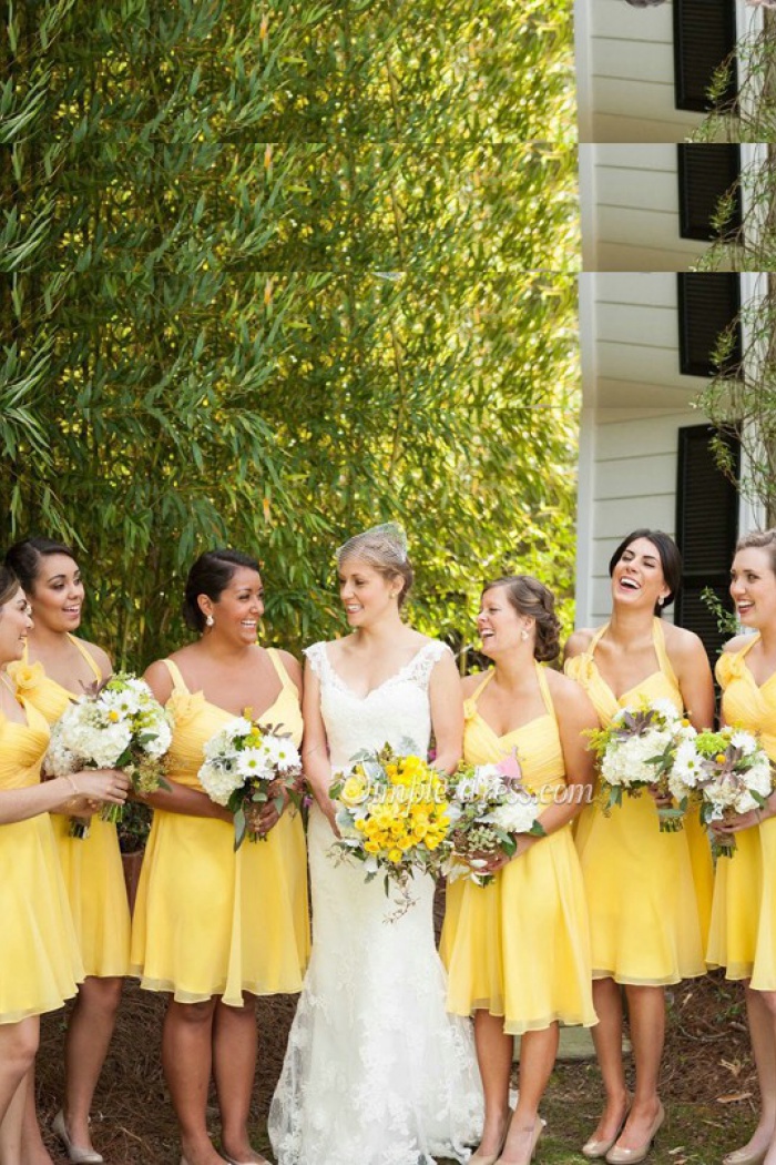 yellow knee length bridesmaid dress