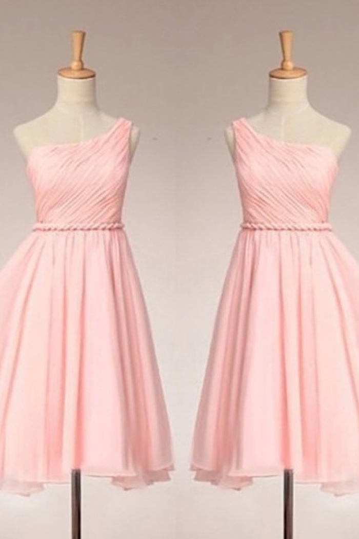 Simple Dress Elegant One Shoulder Ruched Pink Chiffon Bridesmaid