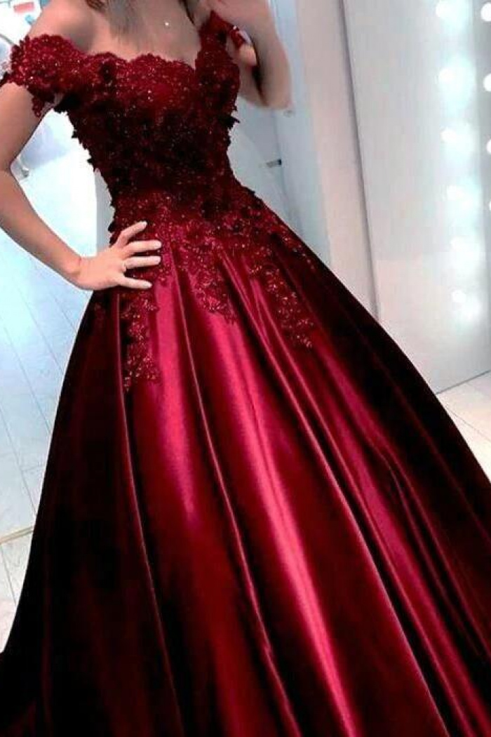 Wine Red Strapless A-Line Floral Vintage Prom Dress Evening Ball Gown, DP5058