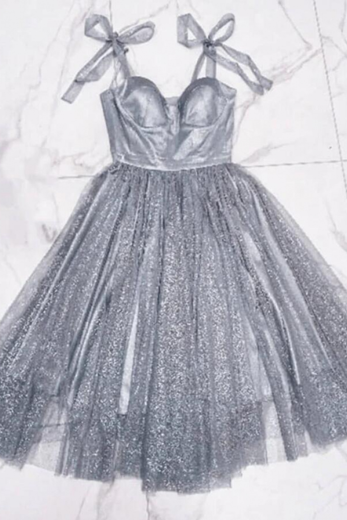 Sweetheart Neck Sheer Corset Tulle Short Dress Silver