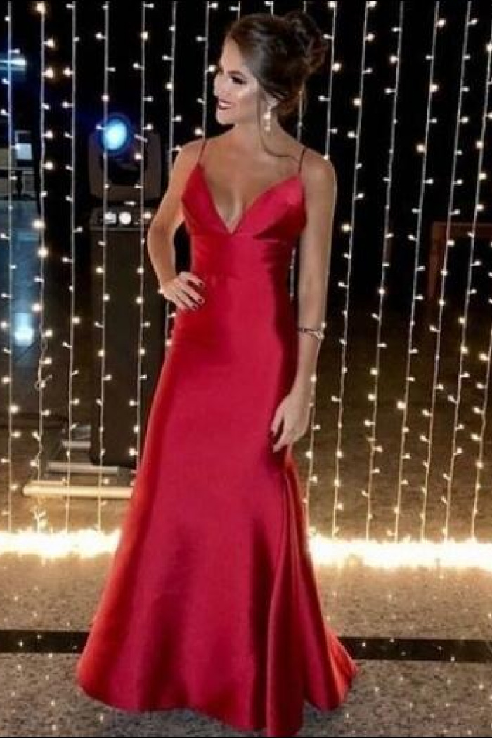 Charming Spaghetti Straps V Neck Red Satin Beaded Mermaid Evening Dress Long Party Dress main image 1