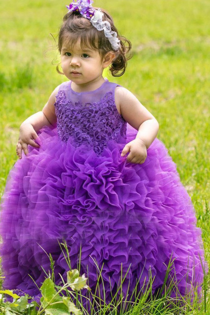 Dramatic Jewel Sleeveless Floor-Length Ball Gown Organza Purple Flower ...