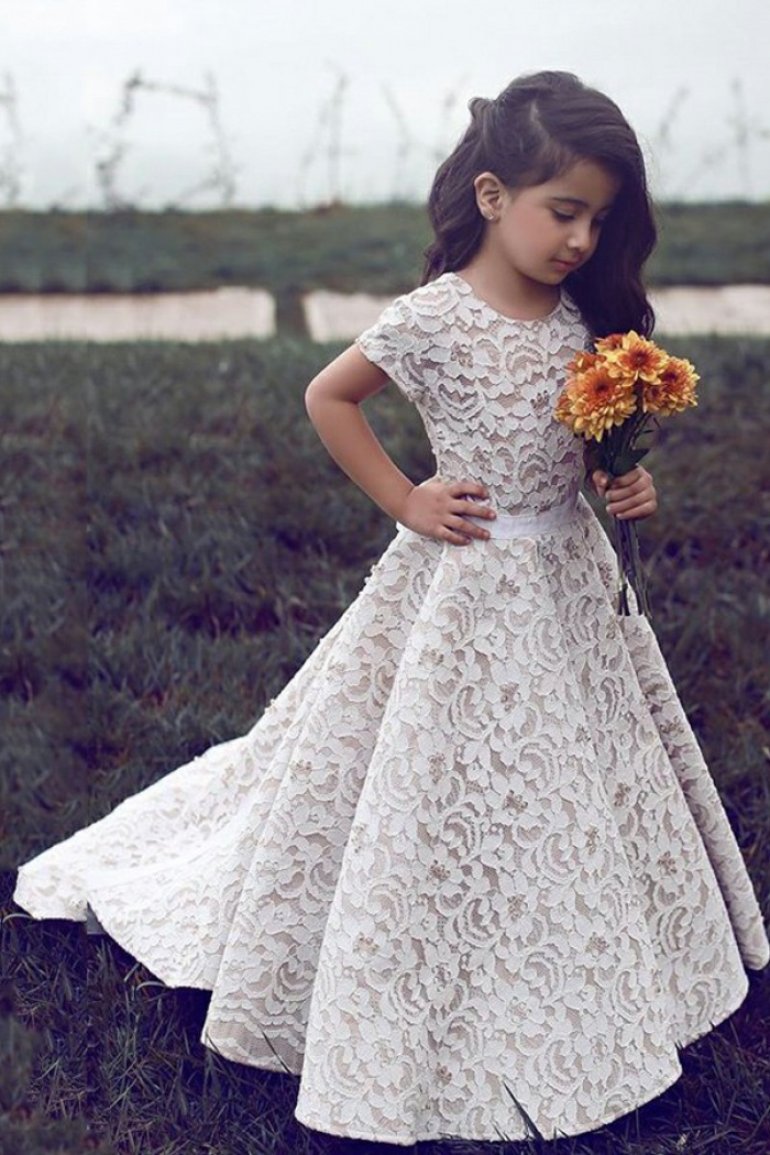 A Line Round Neck Sweep Train Ivory Lace Flower Girl Dress 