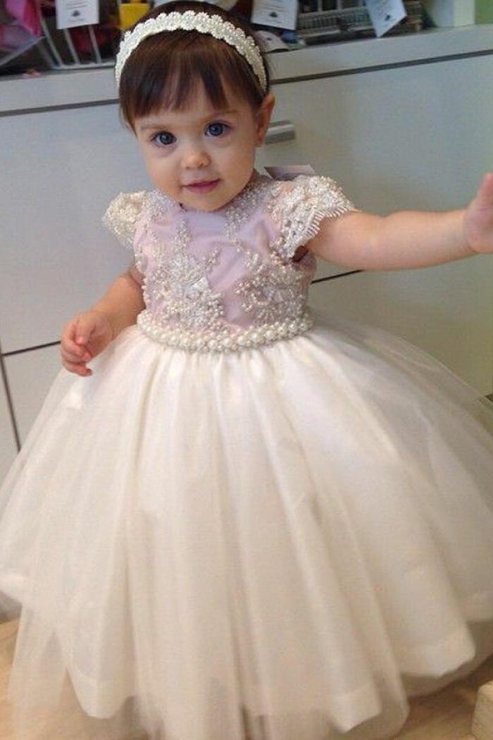 Ball Gown Round Neck Cap Sleeves Light Pink Tulle Flower Dress Ball Gown Round Neck Cap Sleeves Light Pink Tulle Flower Dress With Pearls 0