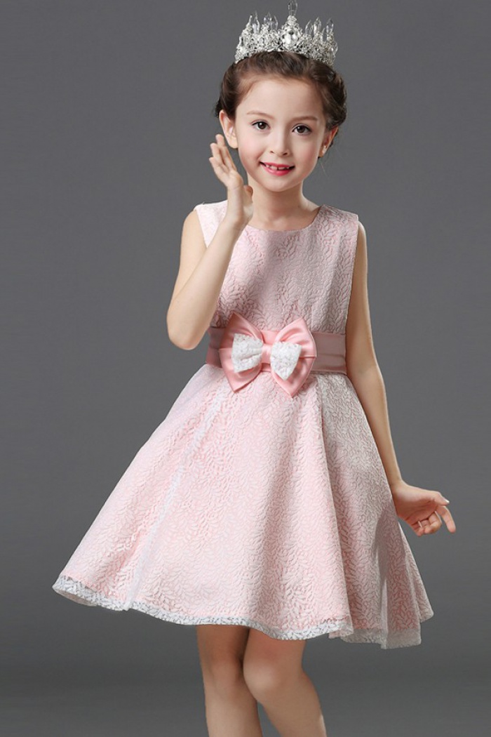 ALine Jewel Pink Lace Flower Girl Dress with Bow