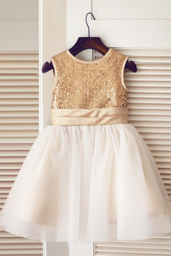 white and champagne flower girl dress
