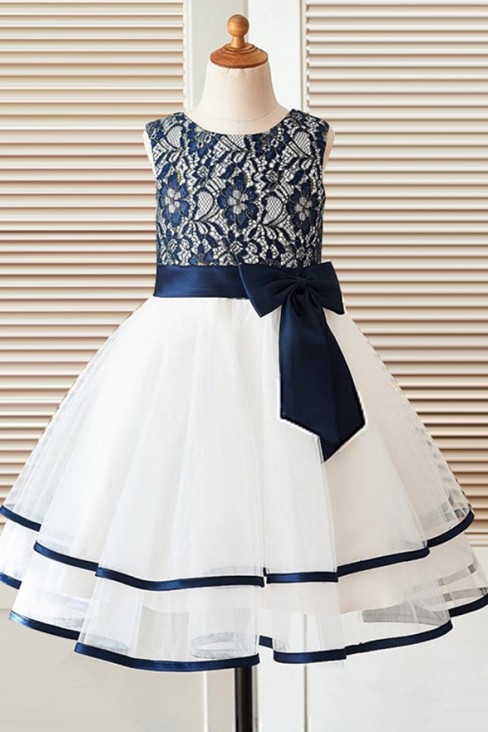 white dress with navy blue flowers