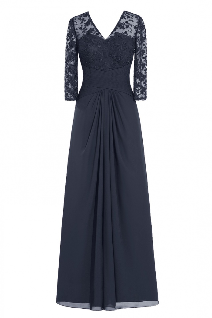 Elegant V-neck Long Sleeves Lace Navy Blue Mother of the Bride Dress ...